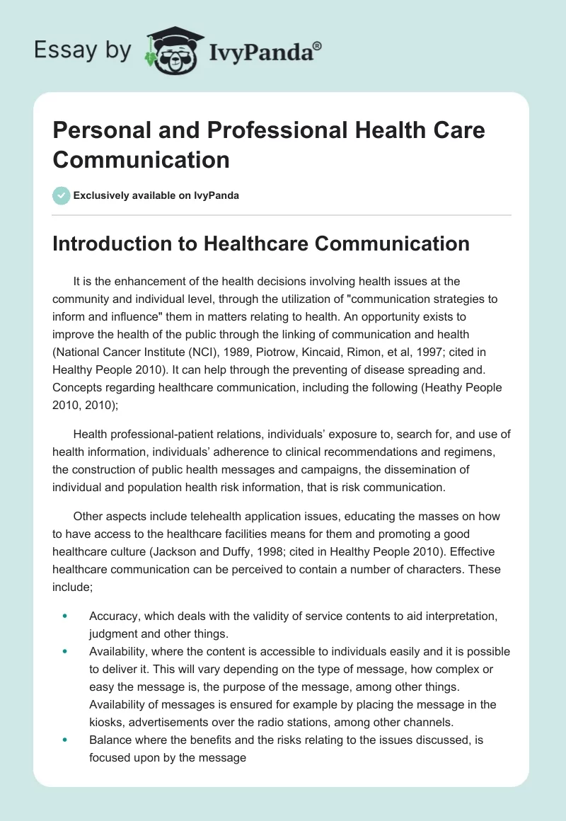 Personal and Professional Health Care Communication. Page 1