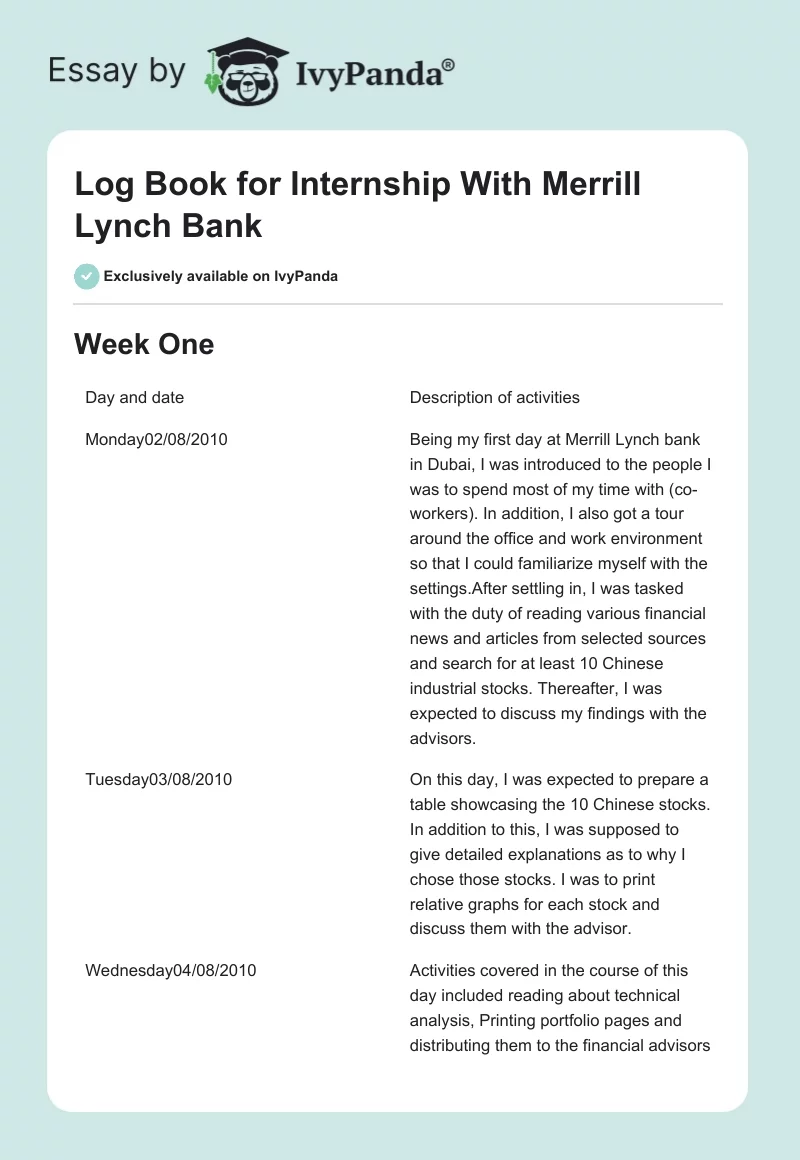 Log Book for Internship With Merrill Lynch Bank. Page 1