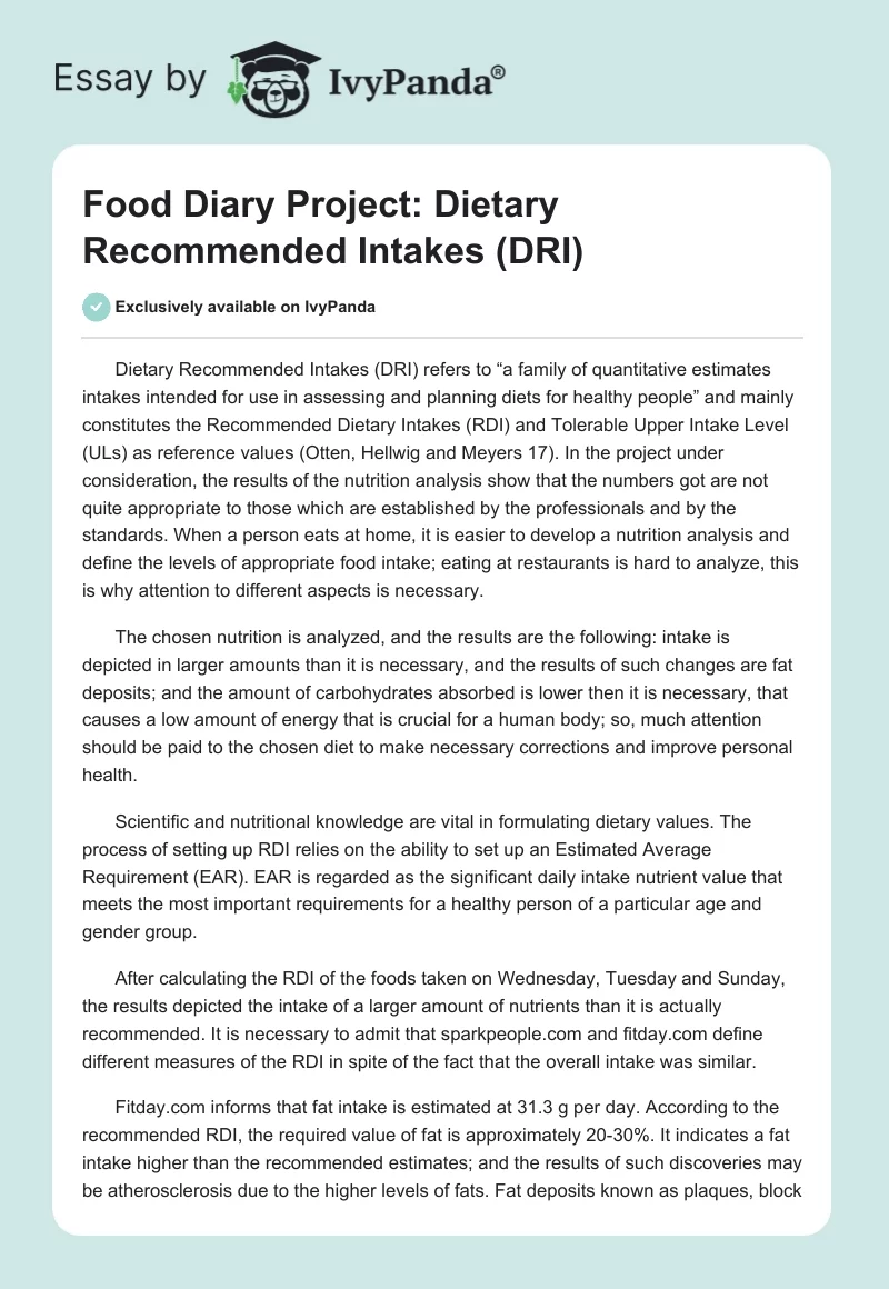 Food Diary Project: Dietary Recommended Intakes (DRI). Page 1