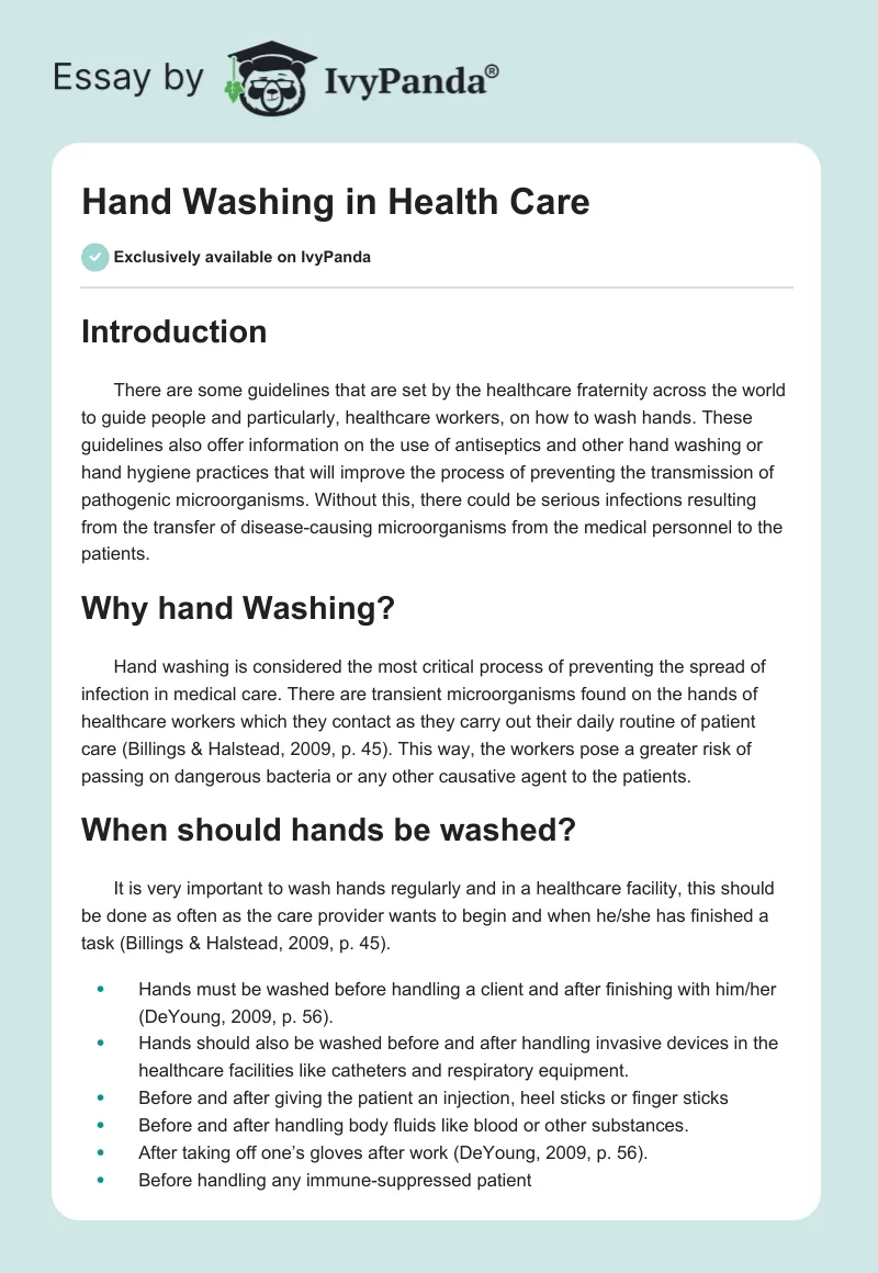 Hand Washing in Health Care. Page 1