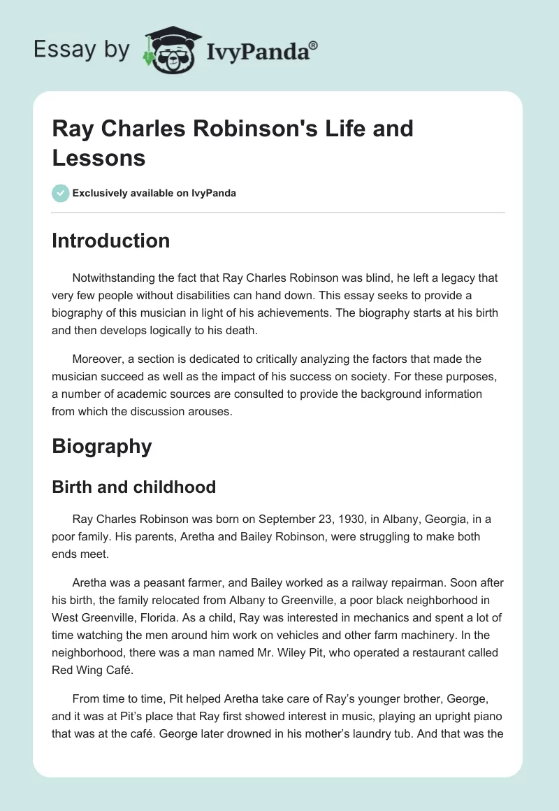 Ray Charles Robinson's Life and Lessons. Page 1