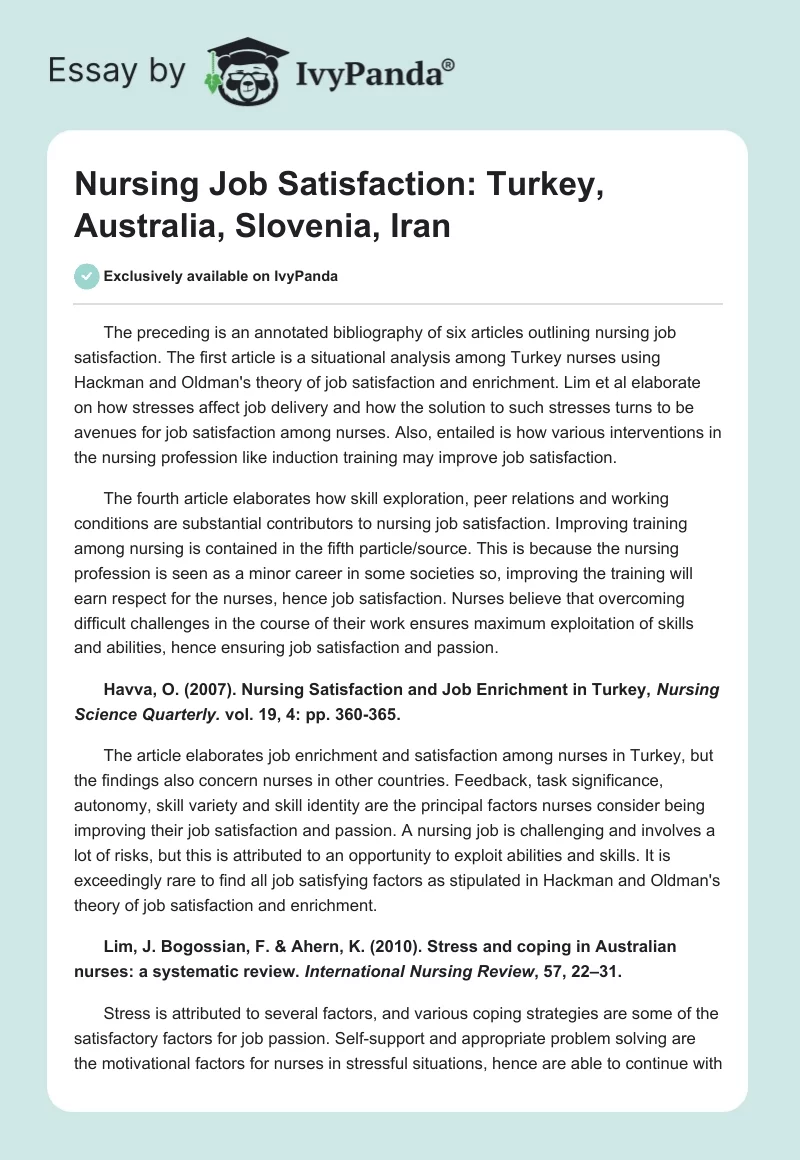 Nursing Job Satisfaction: Turkey, Australia, Slovenia, Iran. Page 1