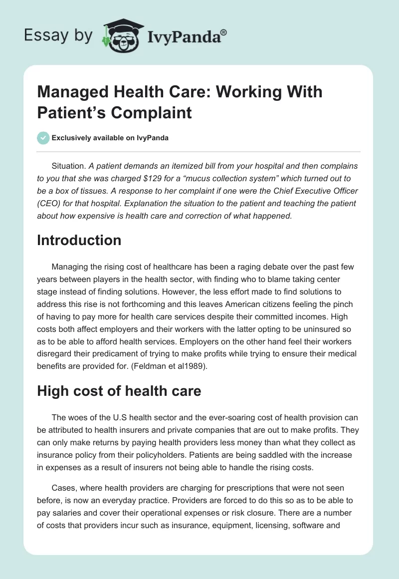 Managed Health Care: Working With Patient’s Complaint. Page 1