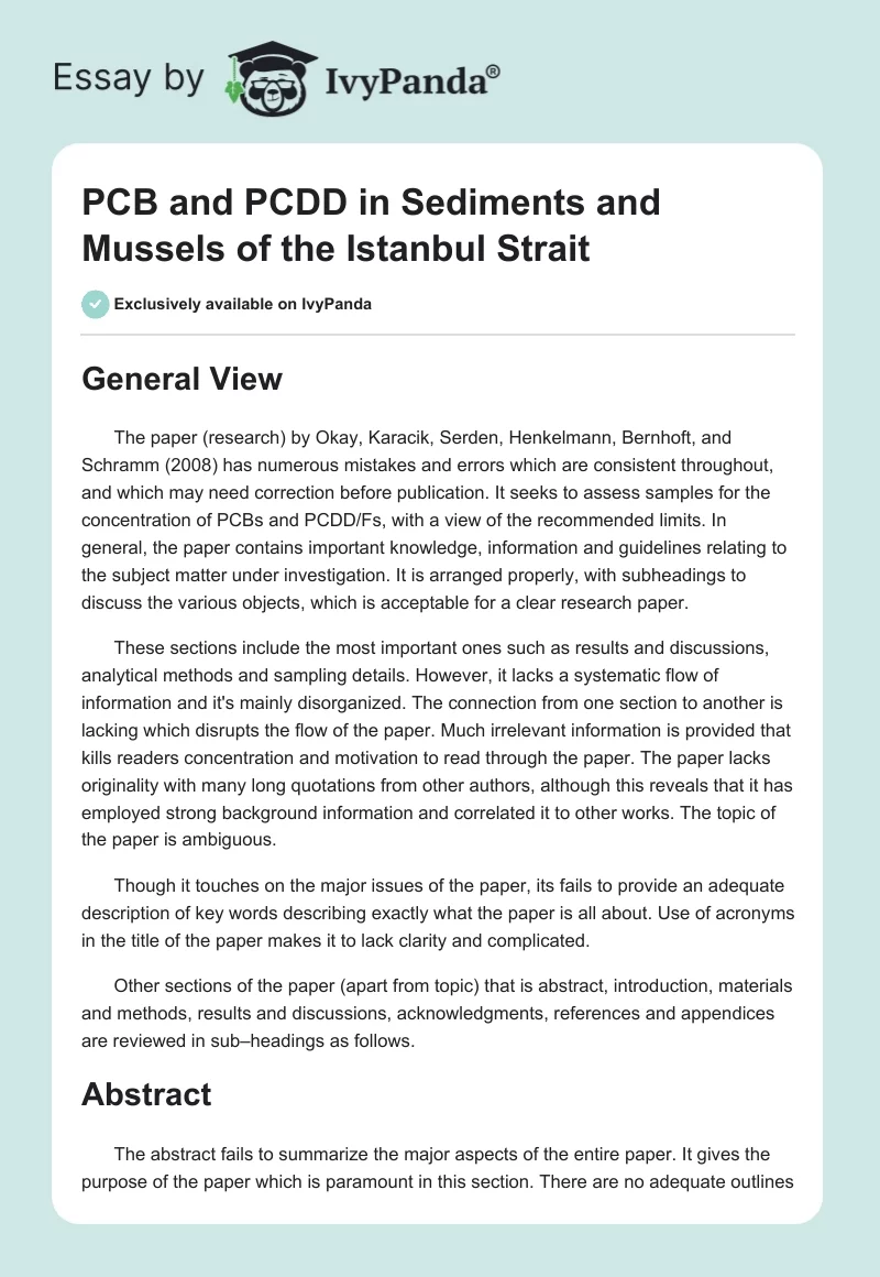 PCB and PCDD in Sediments and Mussels of the Istanbul Strait. Page 1