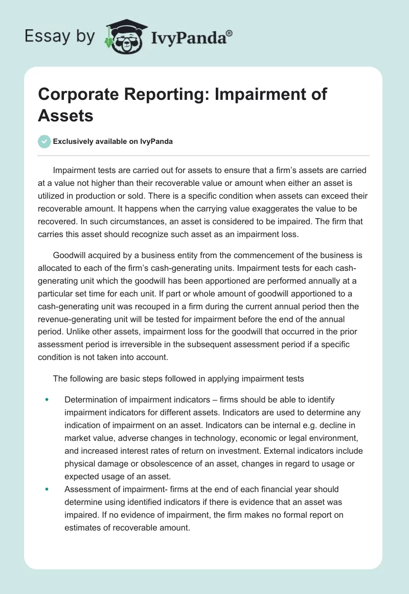 Corporate Reporting: Impairment of Assets. Page 1