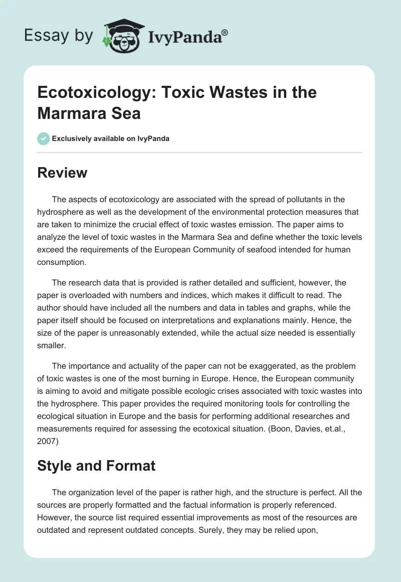 Ecotoxicology: Toxic Wastes in the Marmara Sea. Page 1