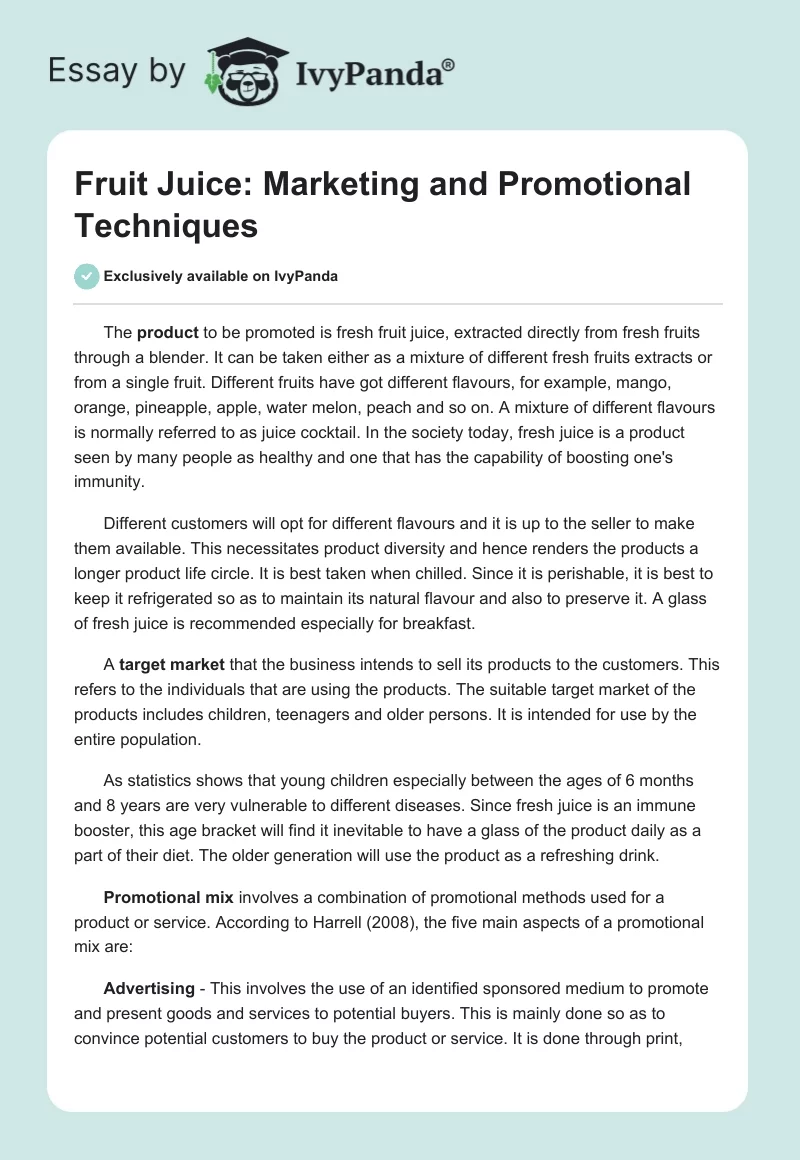 Promotional Techniques and Target Market of Fruit Juice: Essay. Page 1