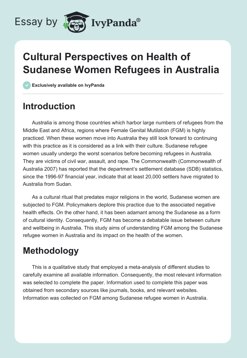 Cultural Perspectives on Health of Sudanese Women Refugees in Australia. Page 1