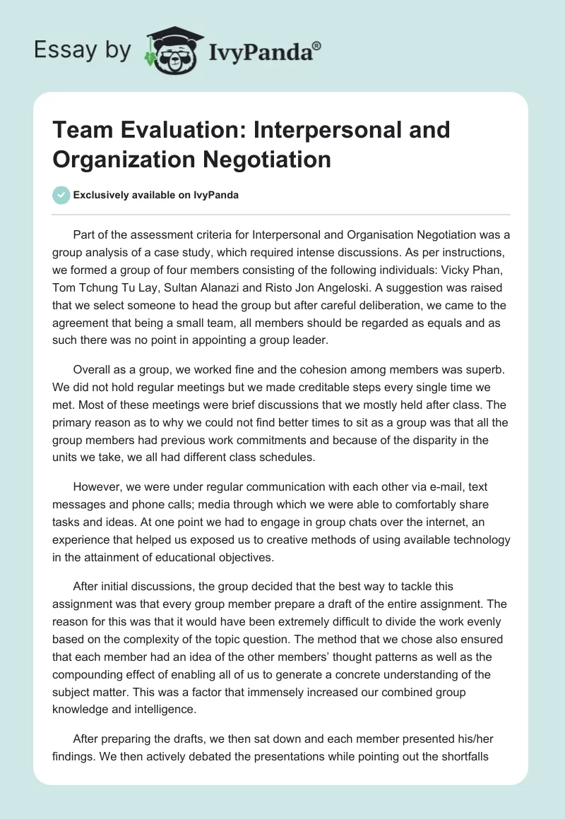 Team Evaluation: Interpersonal and Organization Negotiation. Page 1