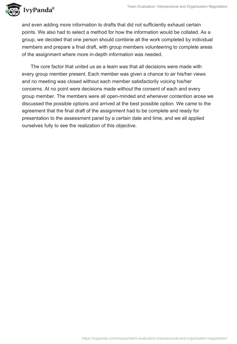 Team Evaluation: Interpersonal and Organization Negotiation. Page 2
