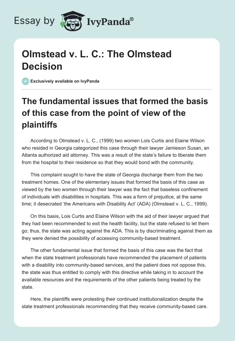 Olmstead v. L. C.: The Olmstead Decision. Page 1