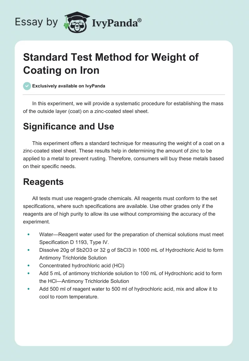 Standard Test Method for Weight of Coating on Iron. Page 1