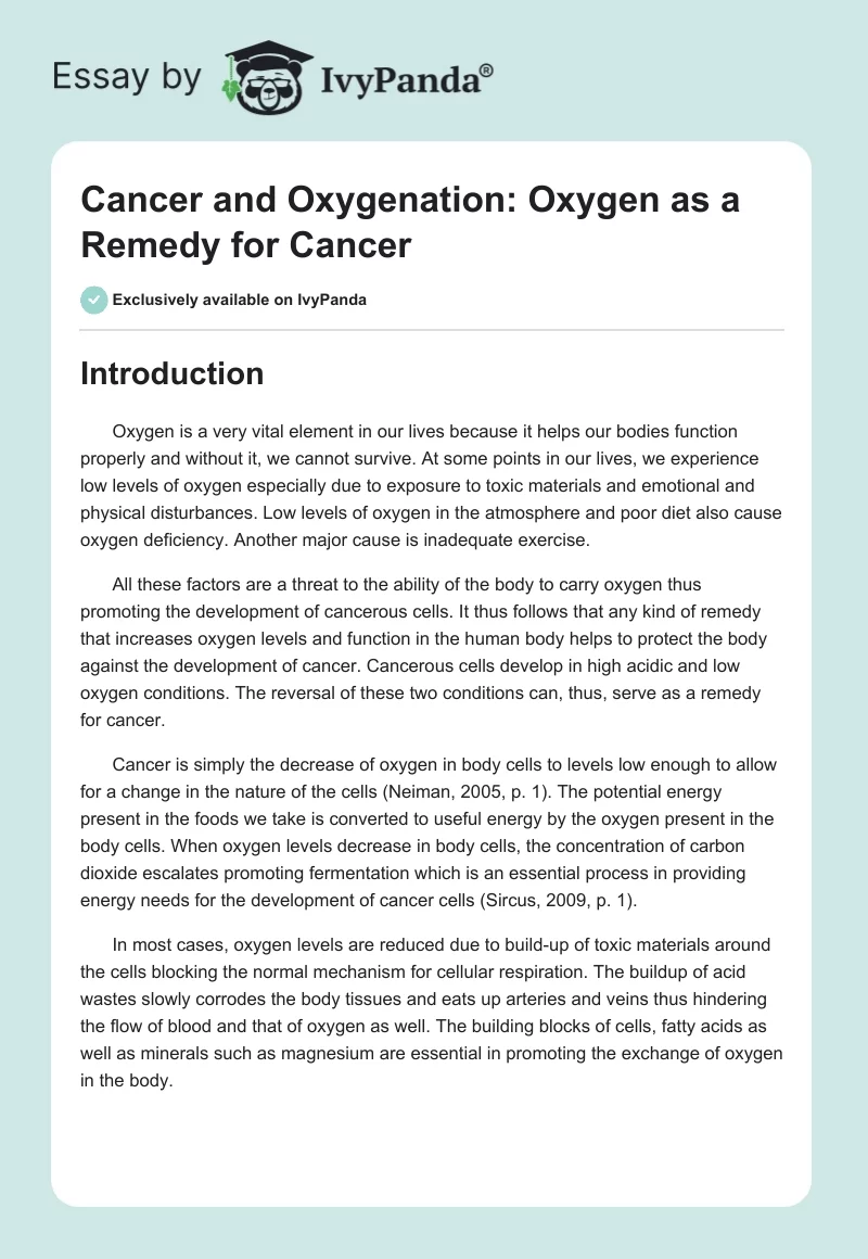 Cancer and Oxygenation: Oxygen as a Remedy for Cancer. Page 1