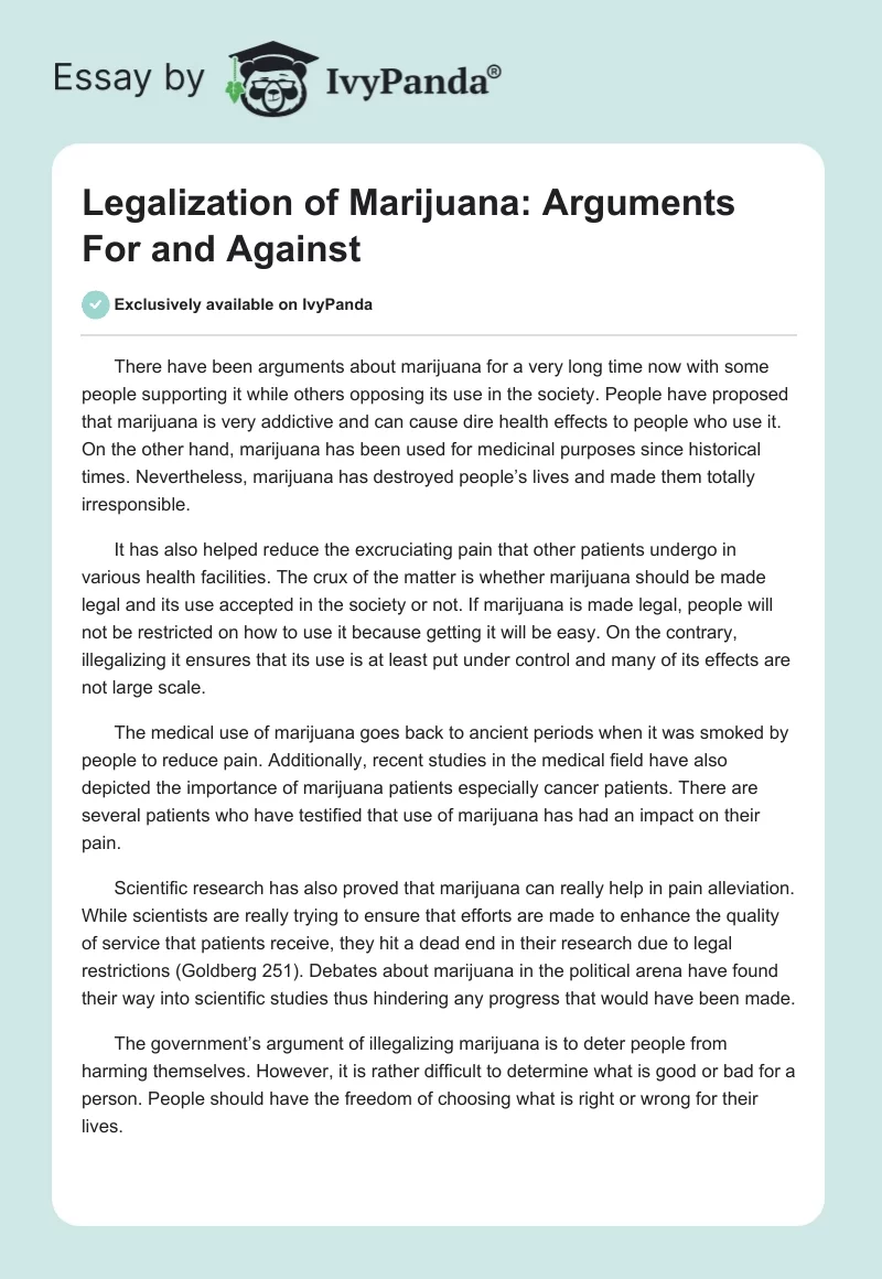 Legalization of Marijuana: Arguments For and Against. Page 1