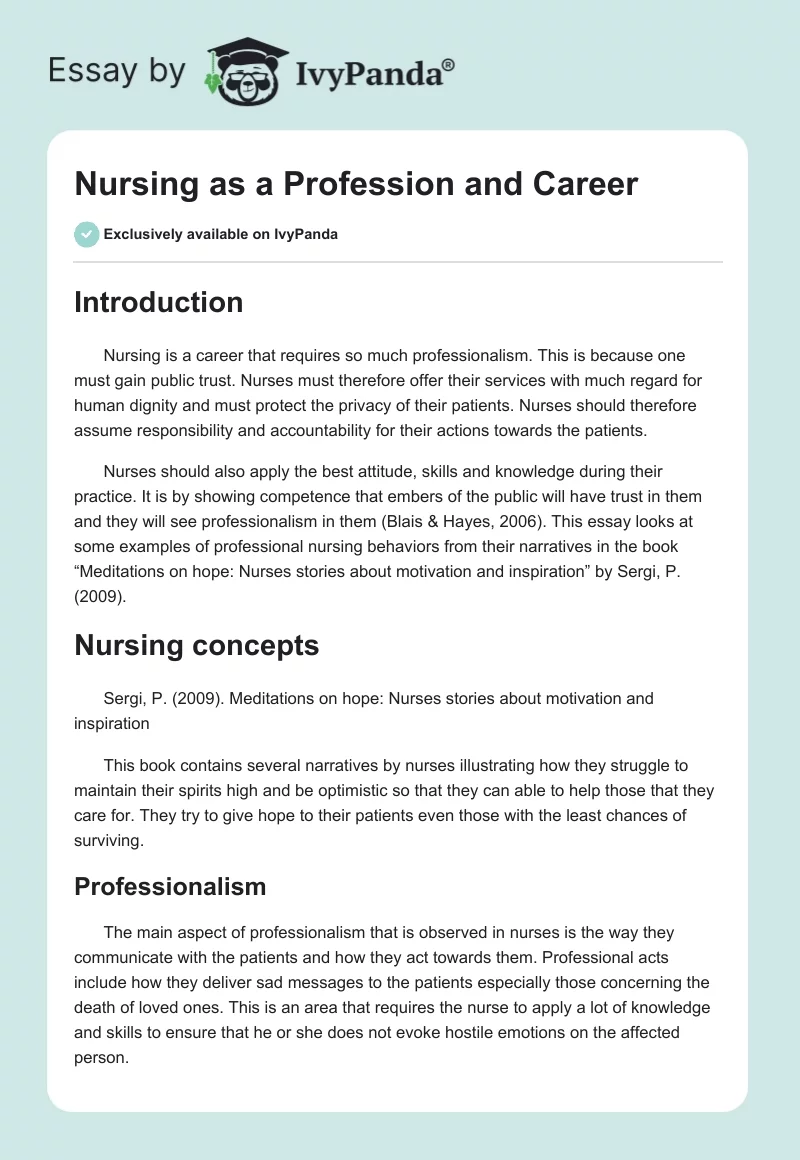 Nursing as a Profession and Career. Page 1