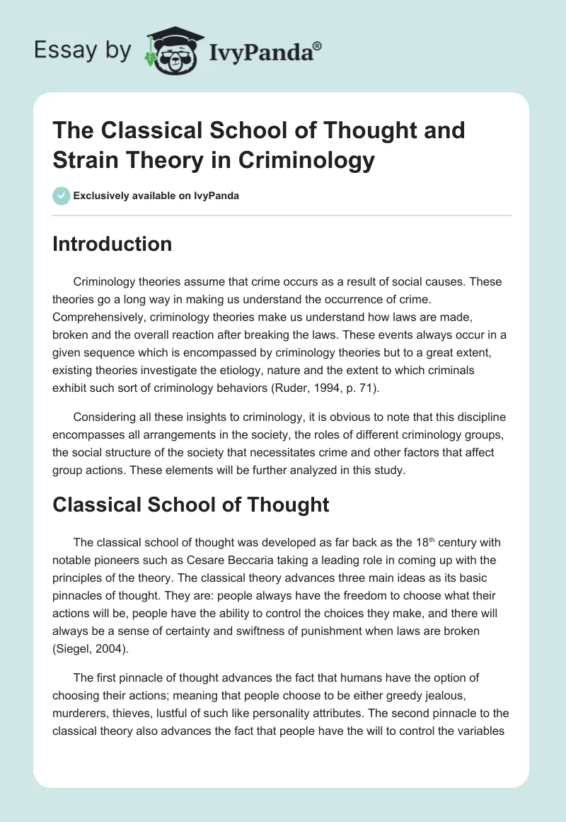 The Classical School of Thought and Strain Theory in Criminology. Page 1