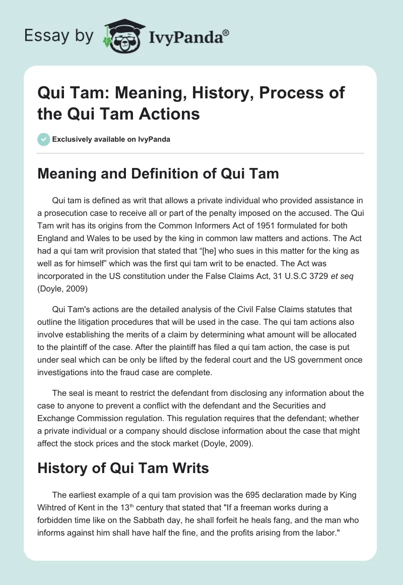 Qui Tam: Meaning, History, Process of the Qui Tam Actions. Page 1