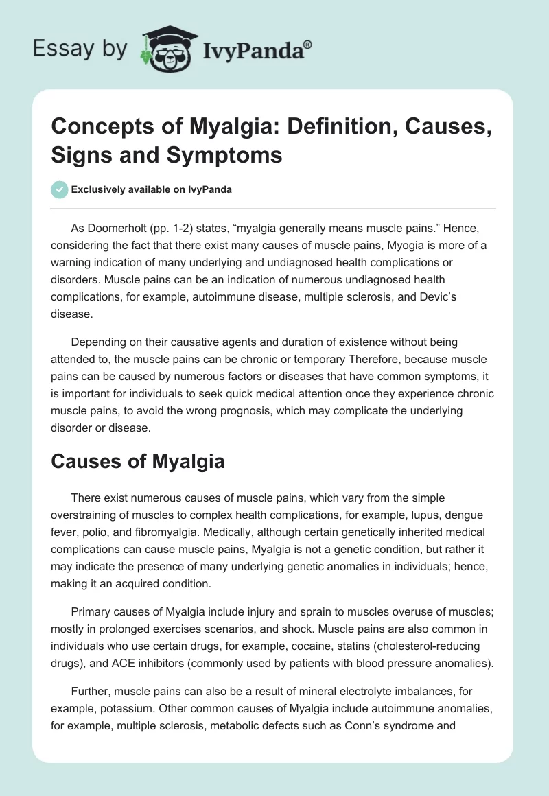 Concepts of Myalgia: Definition, Causes, Signs and Symptoms. Page 1