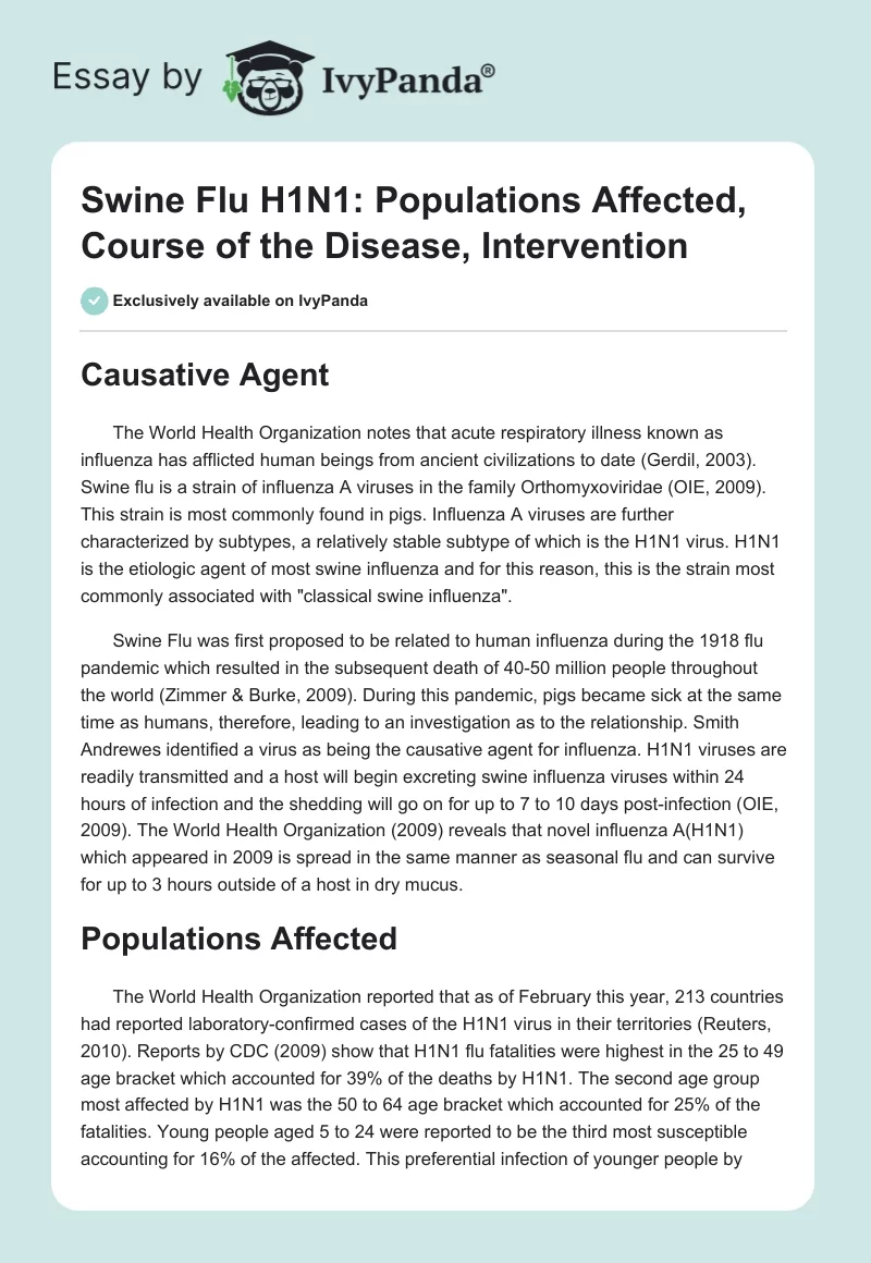 Swine Flu H1N1: Populations Affected, Course of the Disease, Intervention. Page 1