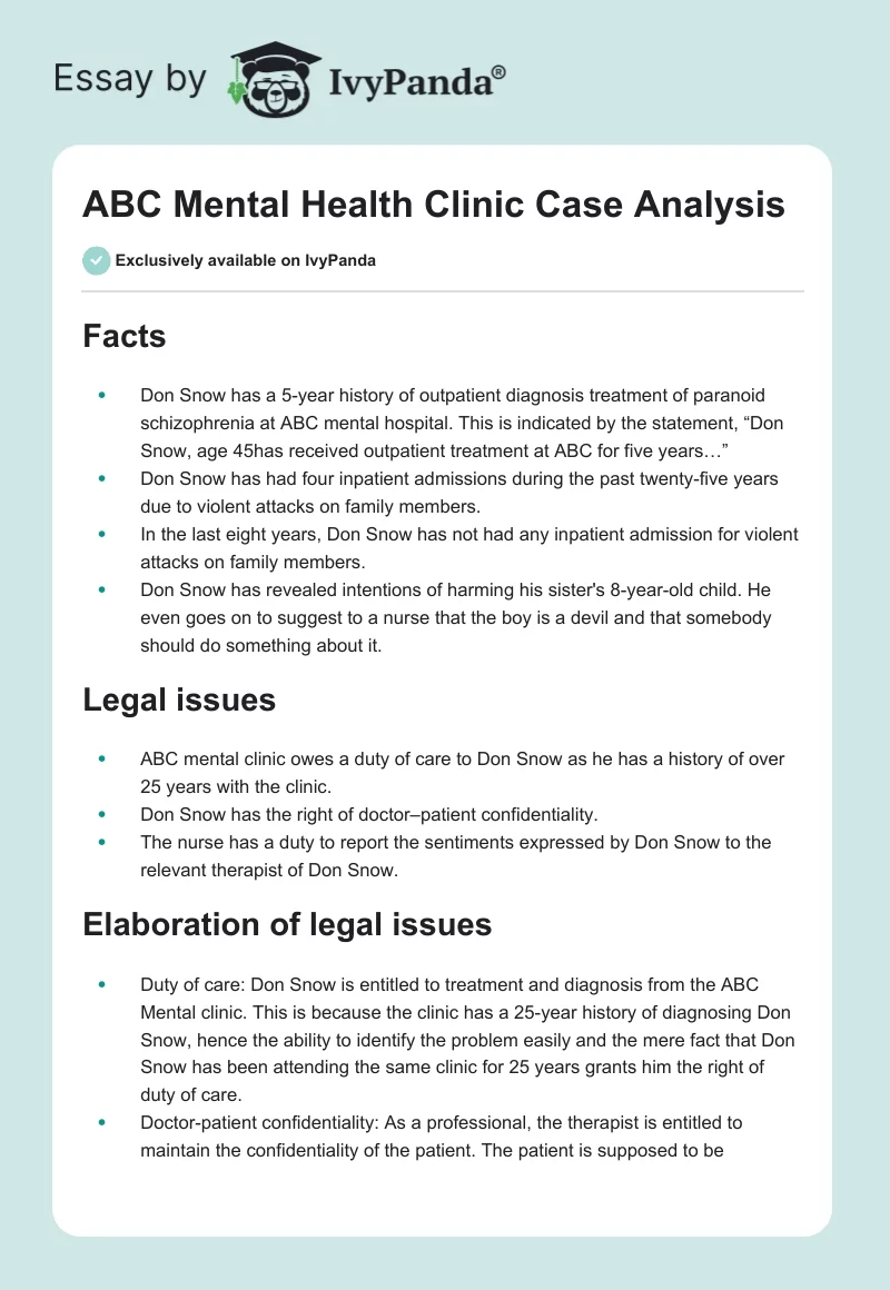 ABC Mental Health Clinic Case Analysis. Page 1