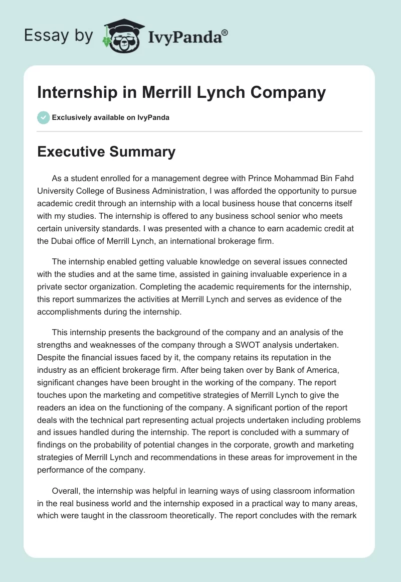 Internship in Merrill Lynch Company. Page 1