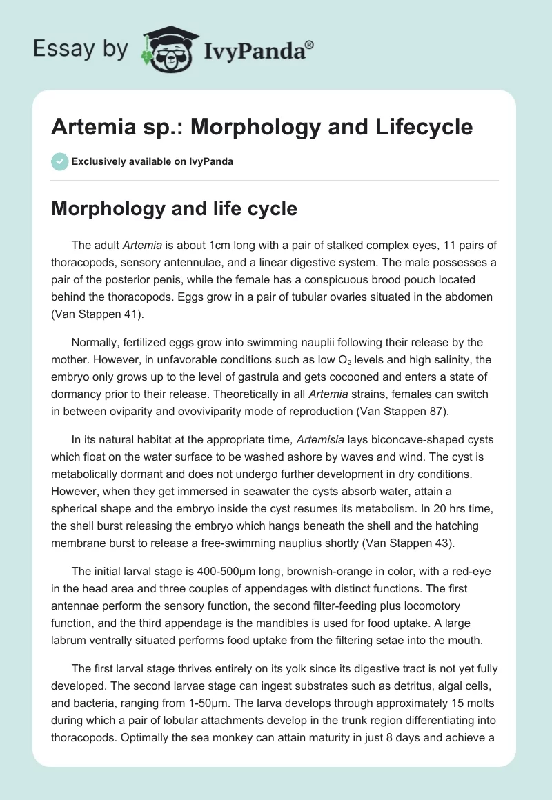 Artemia sp.: Morphology and Lifecycle. Page 1
