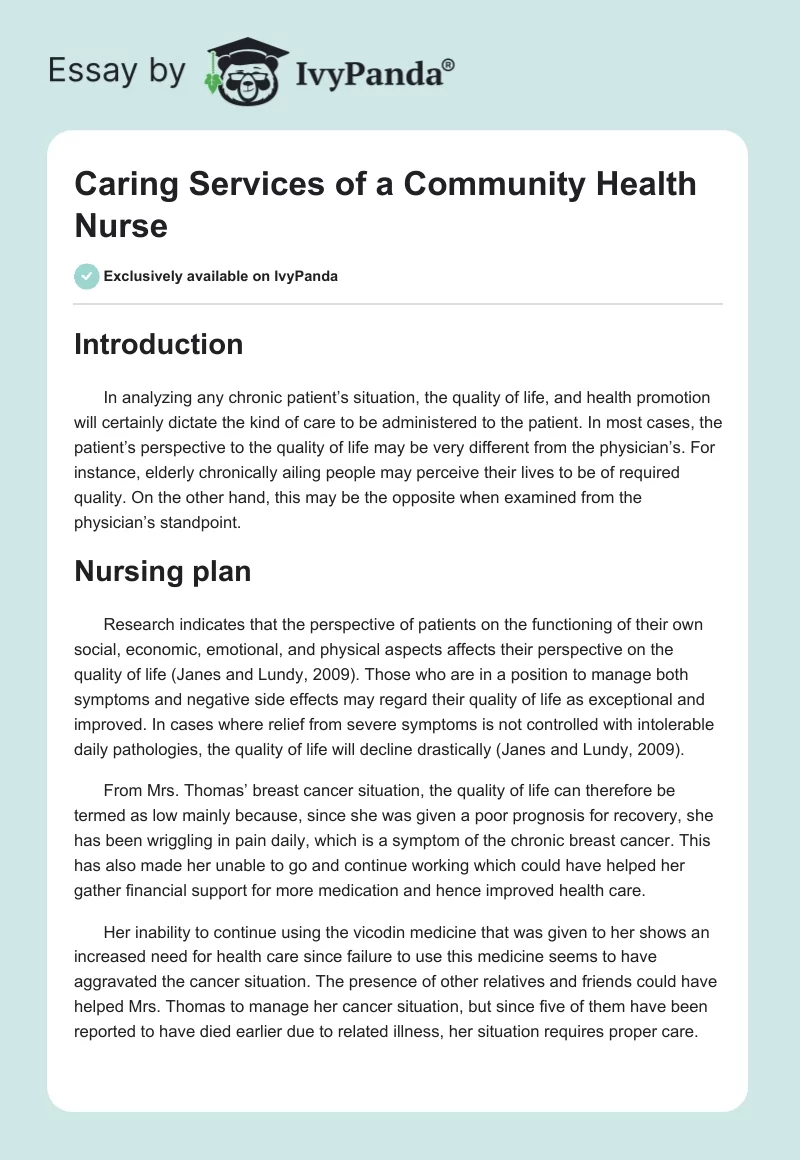 Caring Services of a Community Health Nurse. Page 1