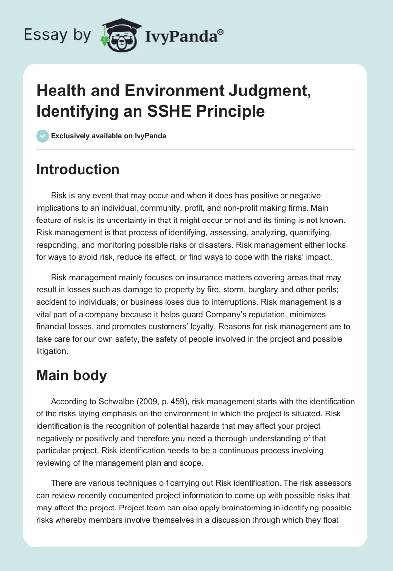 Health and Environment Judgment, Identifying an SSHE Principle. Page 1