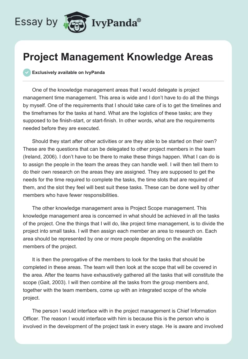 Project Management Knowledge Areas. Page 1