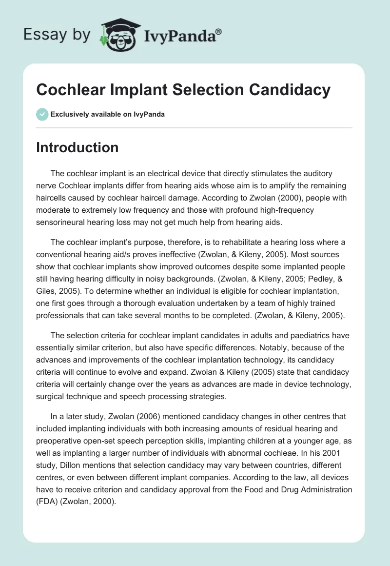 Cochlear Implant Selection Candidacy. Page 1