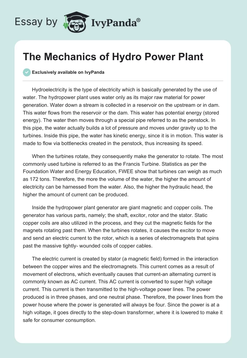 The Mechanics of Hydro Power Plant. Page 1