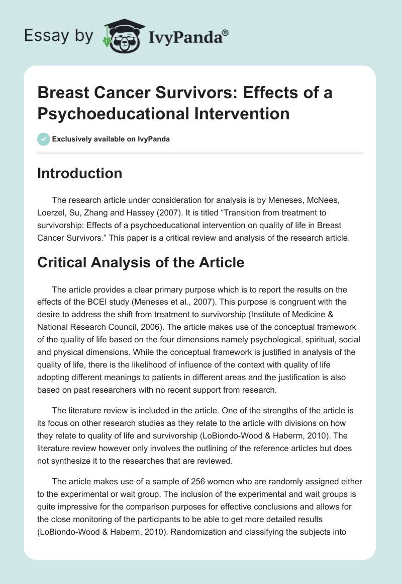 Breast Cancer Survivors: Effects of a Psychoeducational Intervention. Page 1