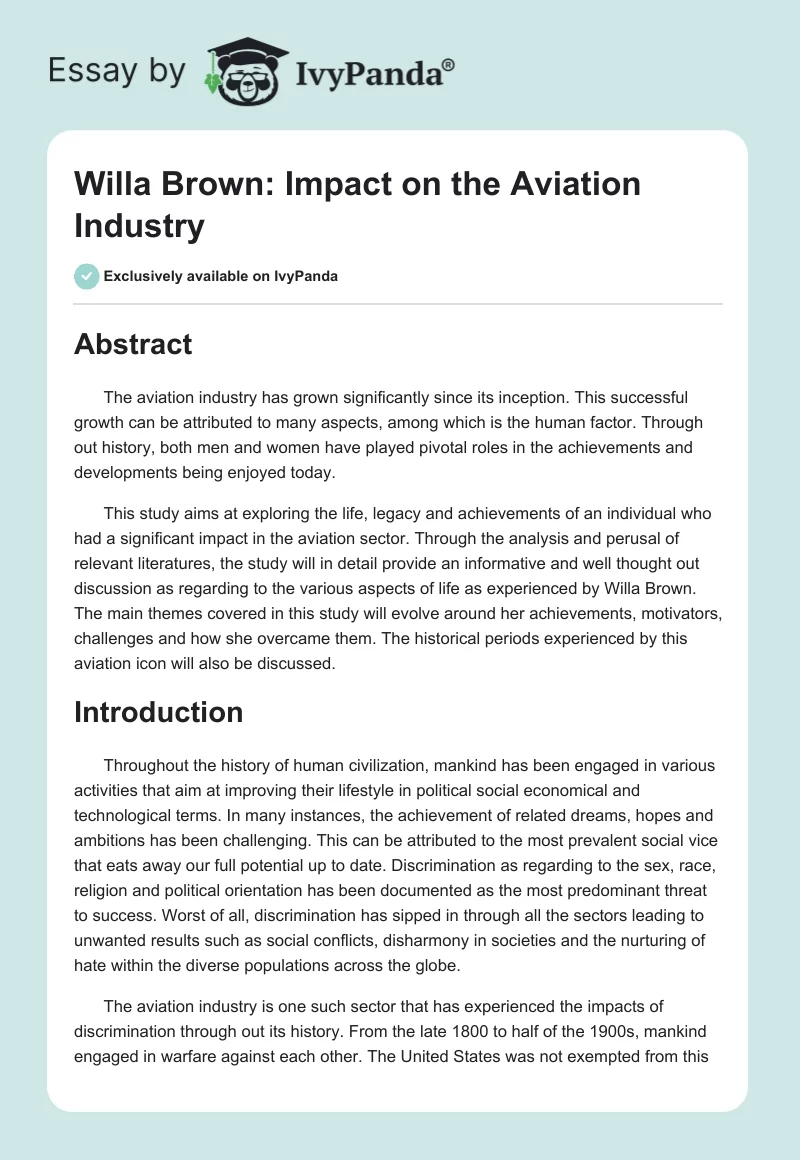 Willa Brown: Impact on the Aviation Industry. Page 1