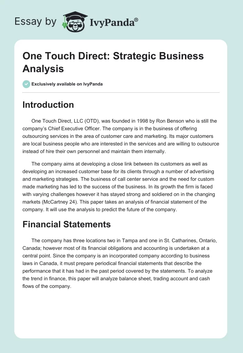 One Touch Direct: Strategic Business Analysis. Page 1