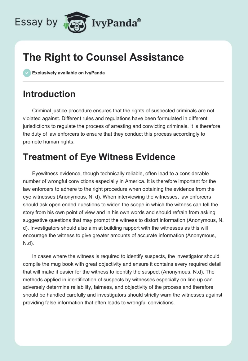 The Right to Counsel Assistance. Page 1