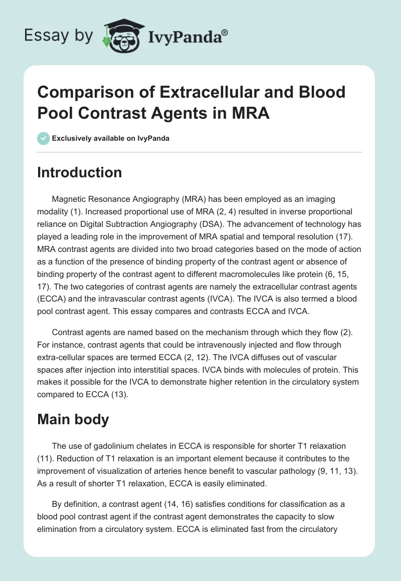 Comparison of Extracellular and Blood Pool Contrast Agents in MRA. Page 1