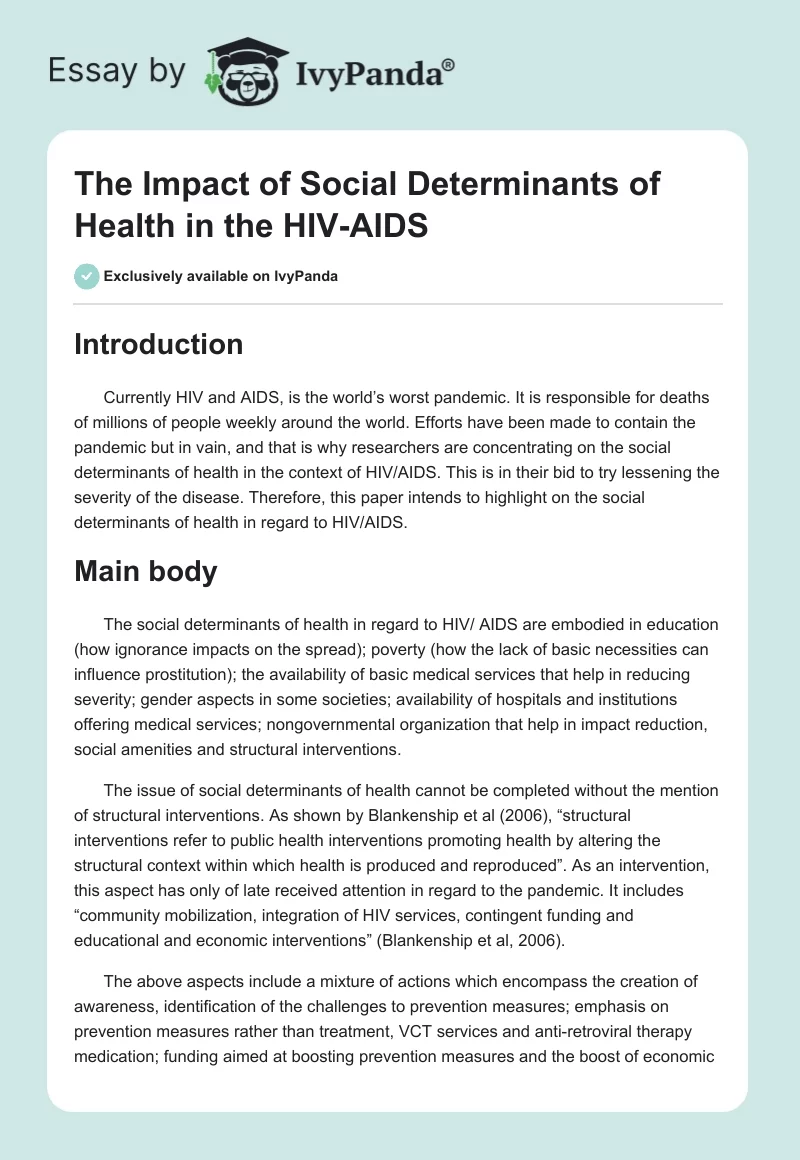 The Impact of Social Determinants of Health in the HIV-AIDS. Page 1