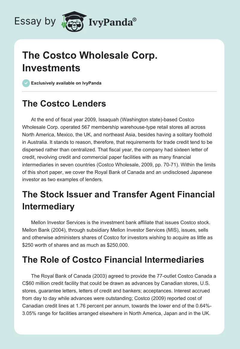 The Costco Wholesale Corp. Investments. Page 1
