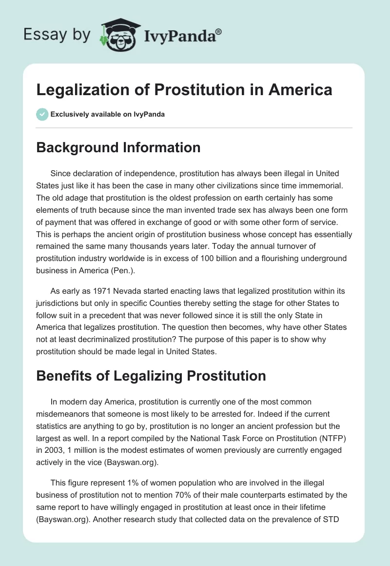 Legalization of Prostitution in America. Page 1
