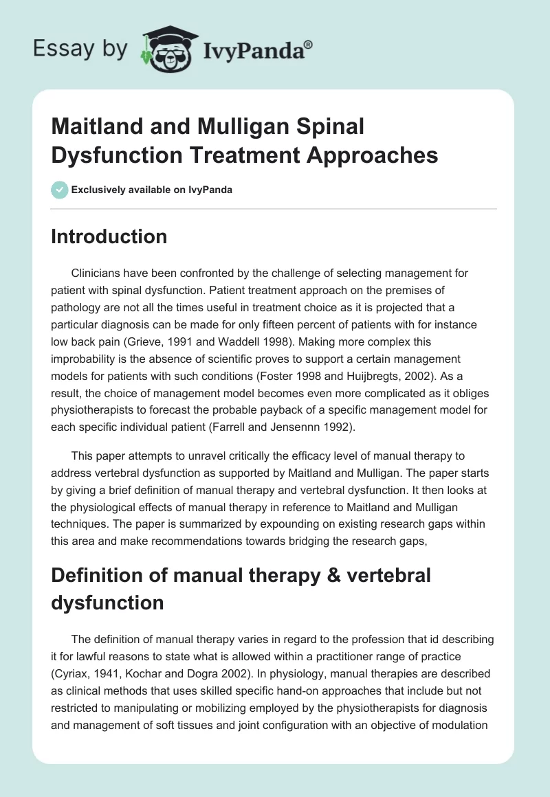 Maitland and Mulligan Spinal Dysfunction Treatment Approaches. Page 1