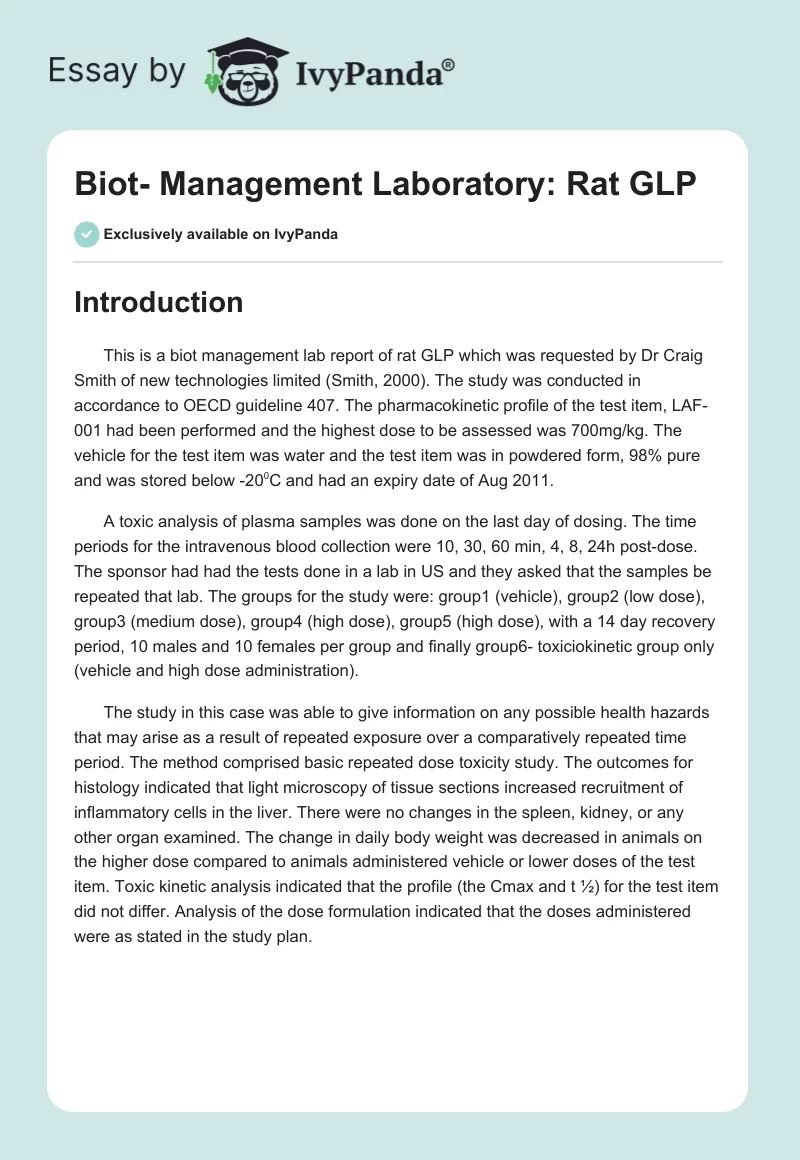 Biot- Management Laboratory: Rat GLP. Page 1