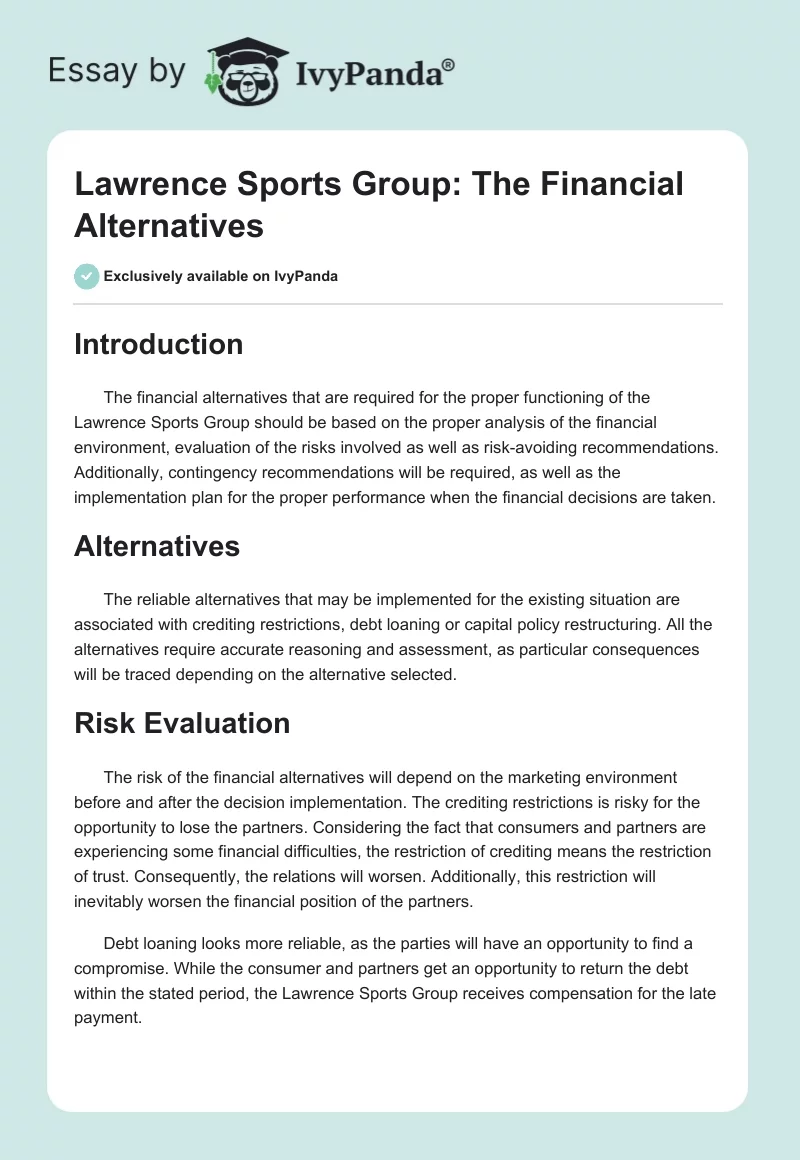Lawrence Sports Group: The Financial Alternatives. Page 1