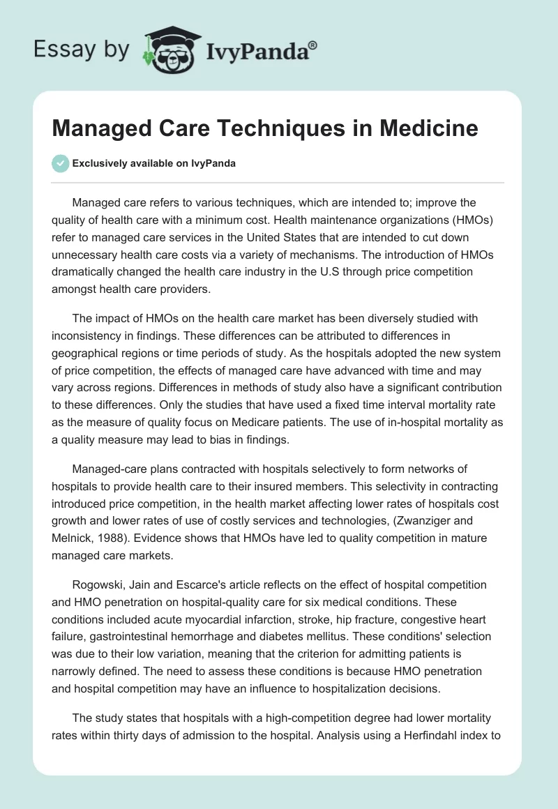 Managed Care Techniques in Medicine. Page 1
