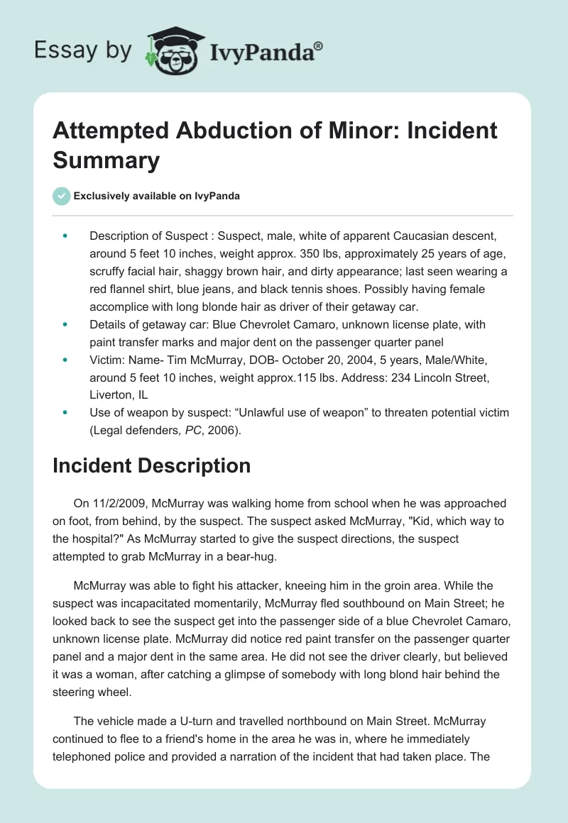 Attempted Abduction of Minor: Incident Summary. Page 1
