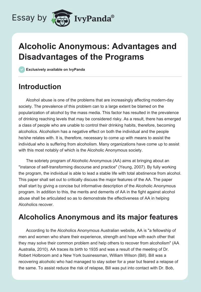 Alcoholic Anonymous: Advantages and Disadvantages of the Programs. Page 1