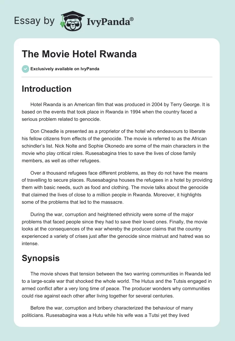 The Movie "Hotel Rwanda". Page 1