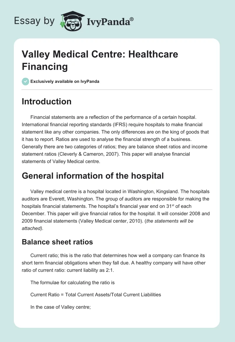Valley Medical Centre: Healthcare Financing. Page 1