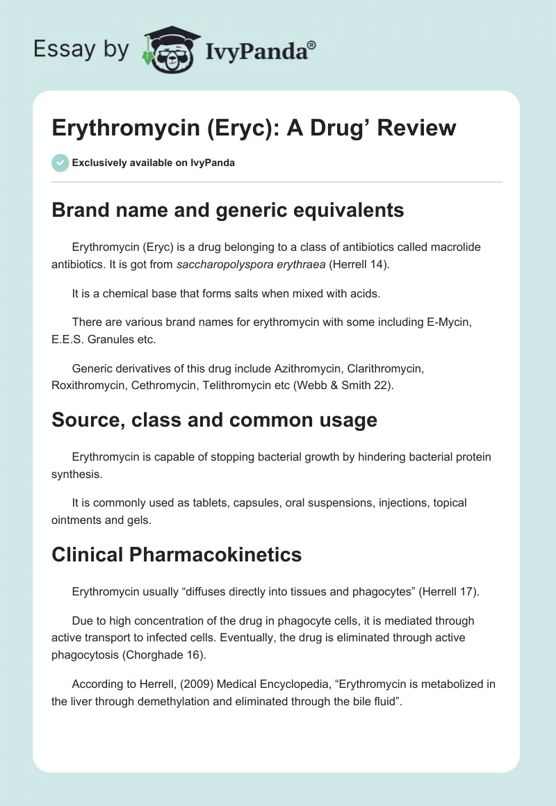 Erythromycin (Eryc): A Drug’ Review. Page 1