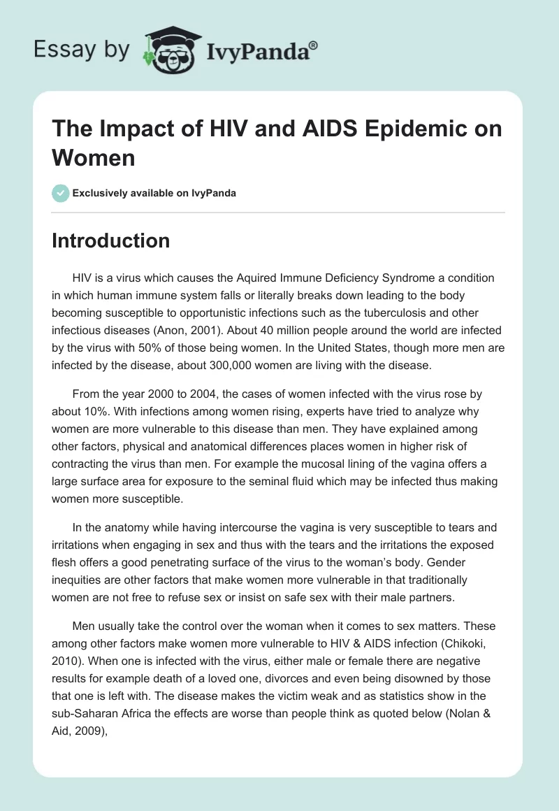 The Impact of HIV and AIDS Epidemic on Women. Page 1