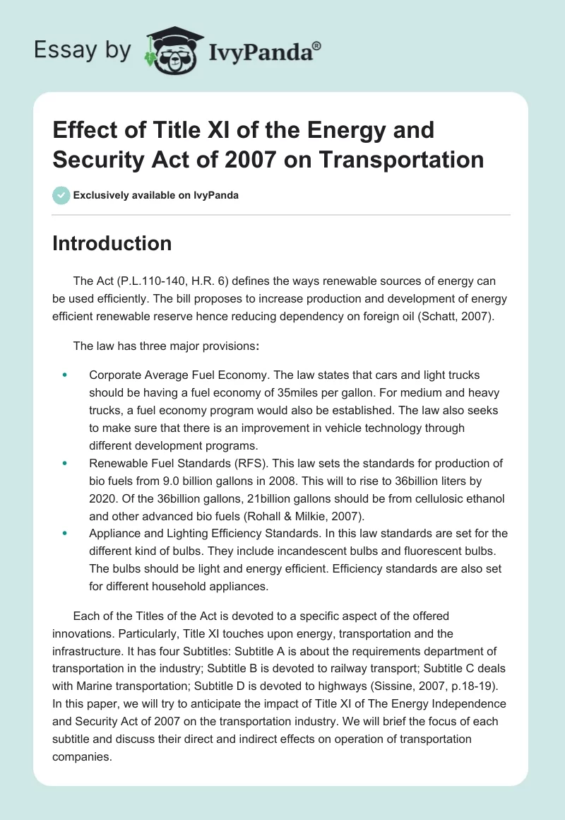 Effect of Title XI of the Energy and Security Act of 2007 on Transportation. Page 1